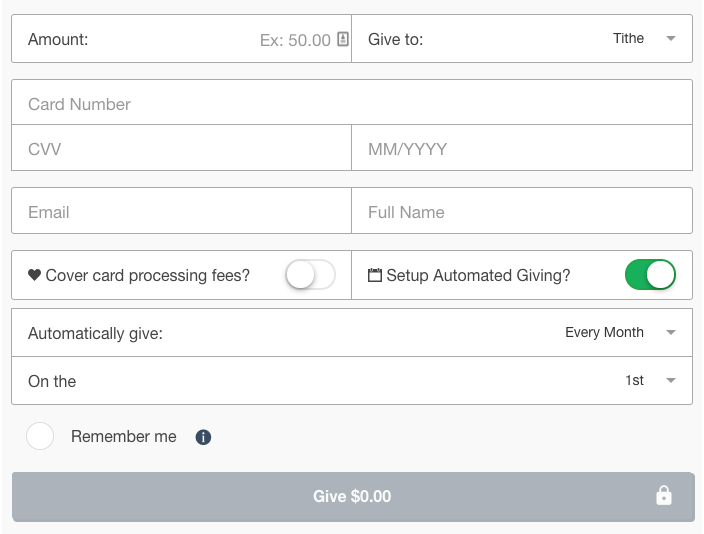Screenshot of giving form from Tithe.ly